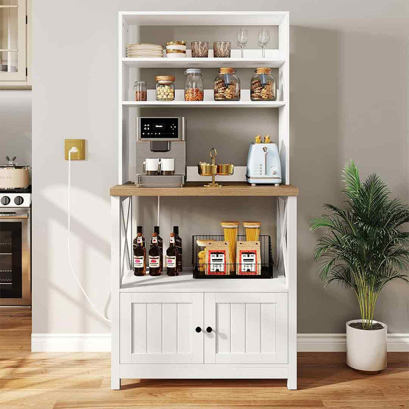 YITAHOME White Microwave Stand Bakers Rack Cabinet Farmhouse Freestanding Small Kitchen Pantry Hutch Tall W Door Power Outlet Thickened Counter